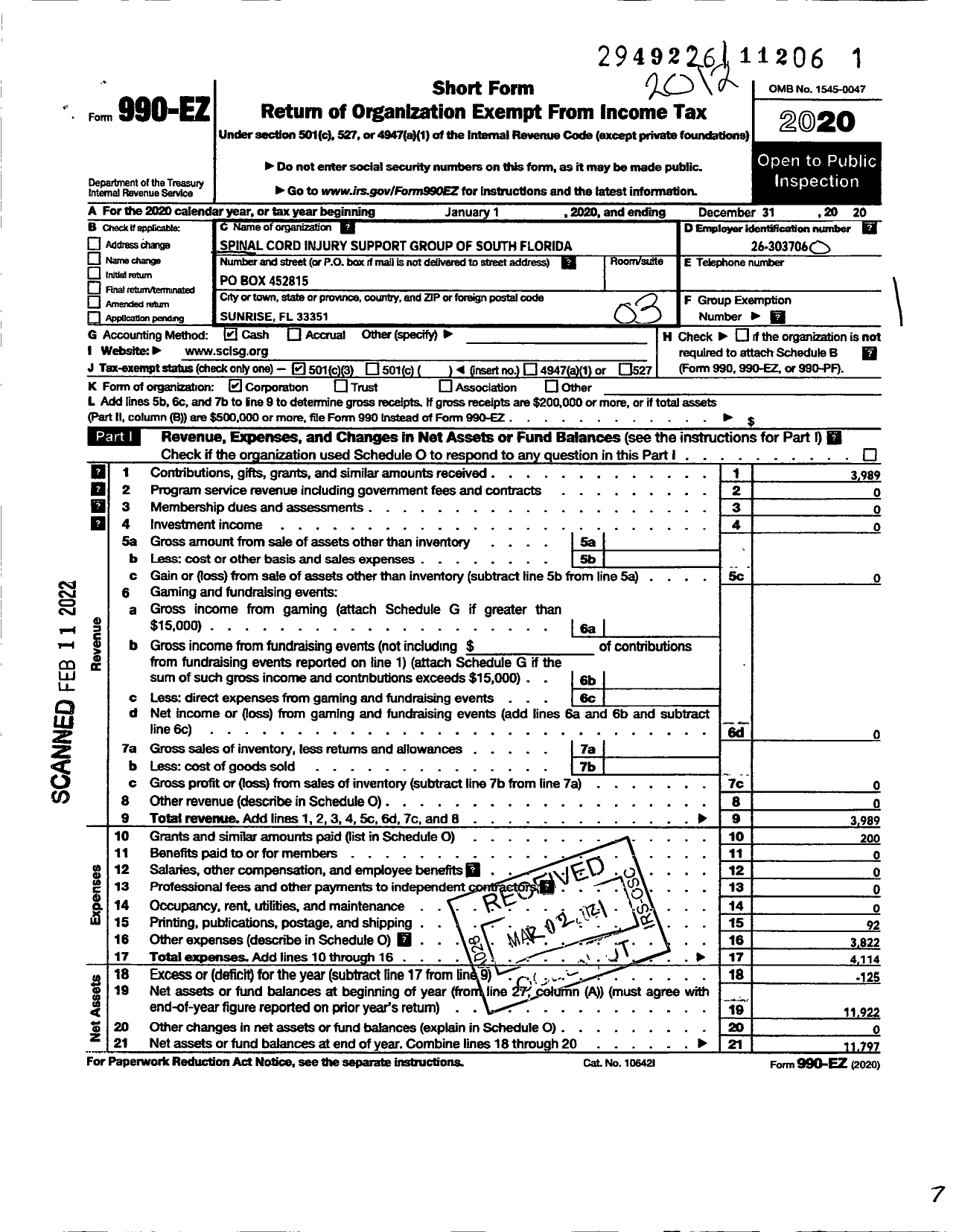 Image of first page of 2020 Form 990EZ for Spinal Cord Injury Support Group of South Florida