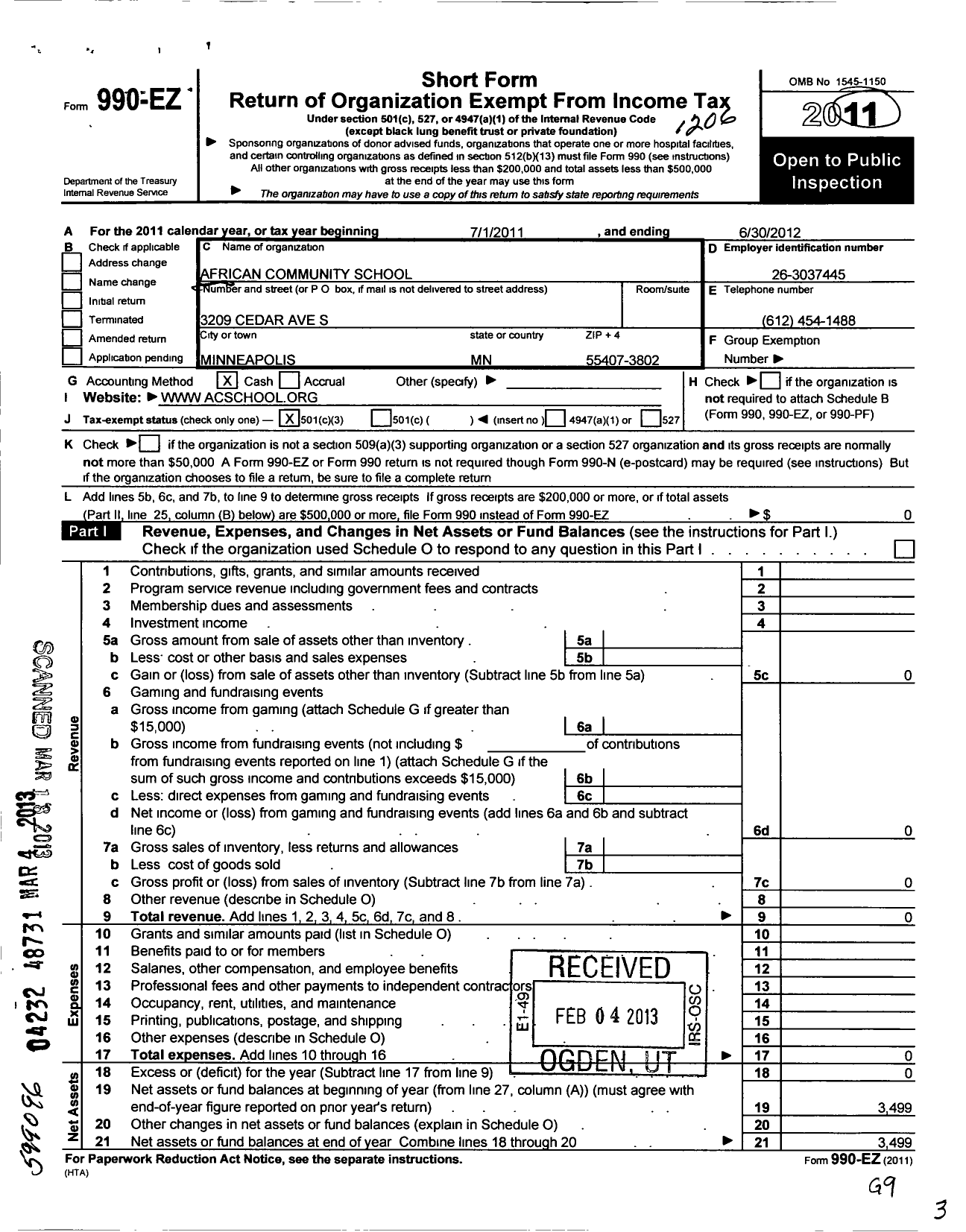 Image of first page of 2011 Form 990EZ for African Community School