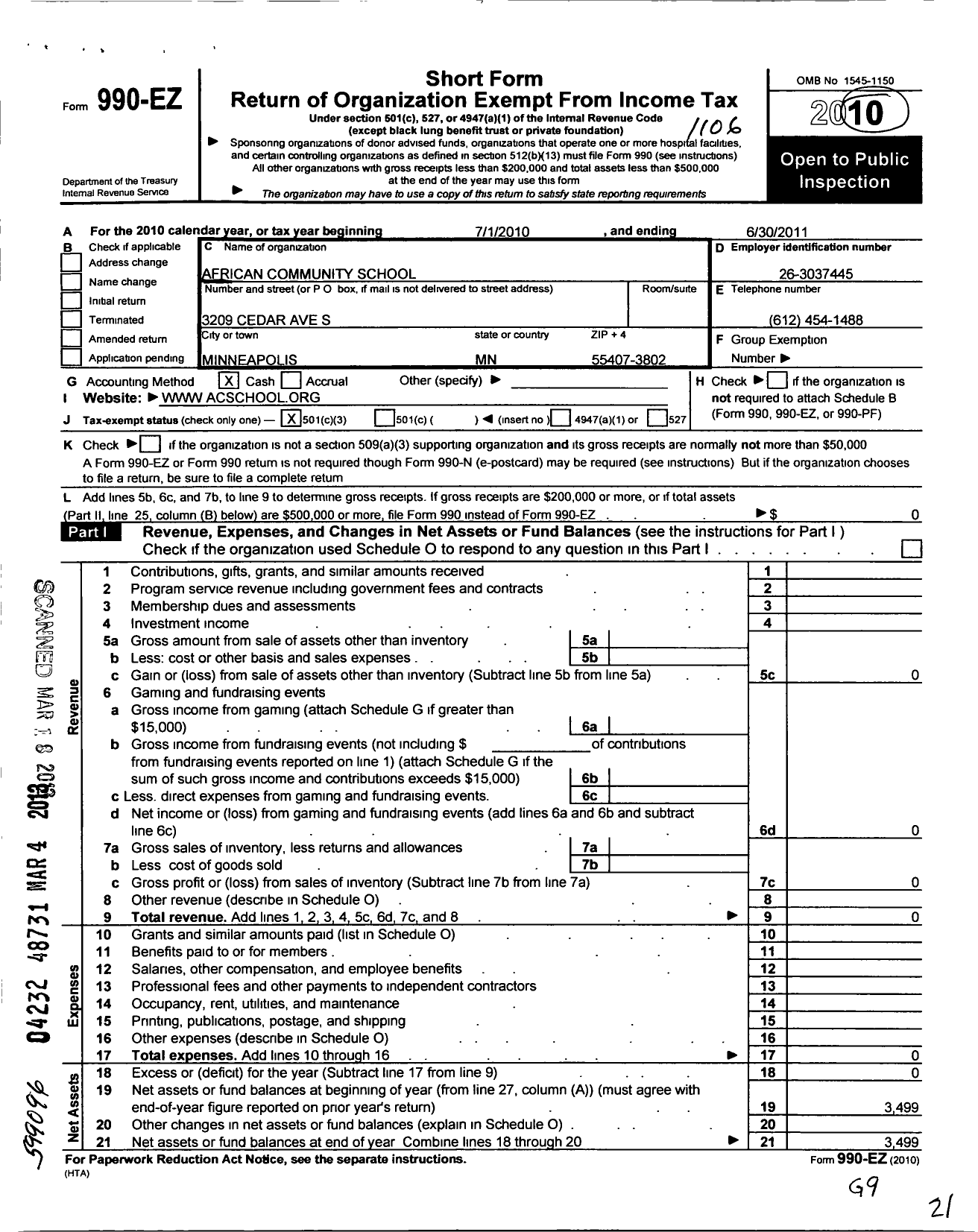 Image of first page of 2010 Form 990EZ for African Community School