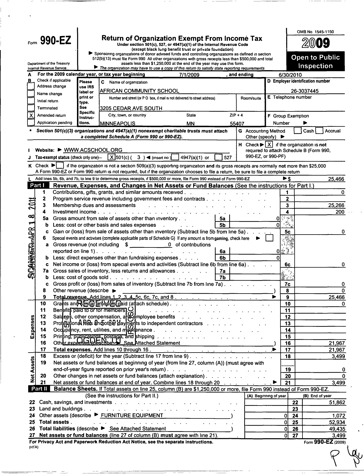 Image of first page of 2009 Form 990EZ for African Community School