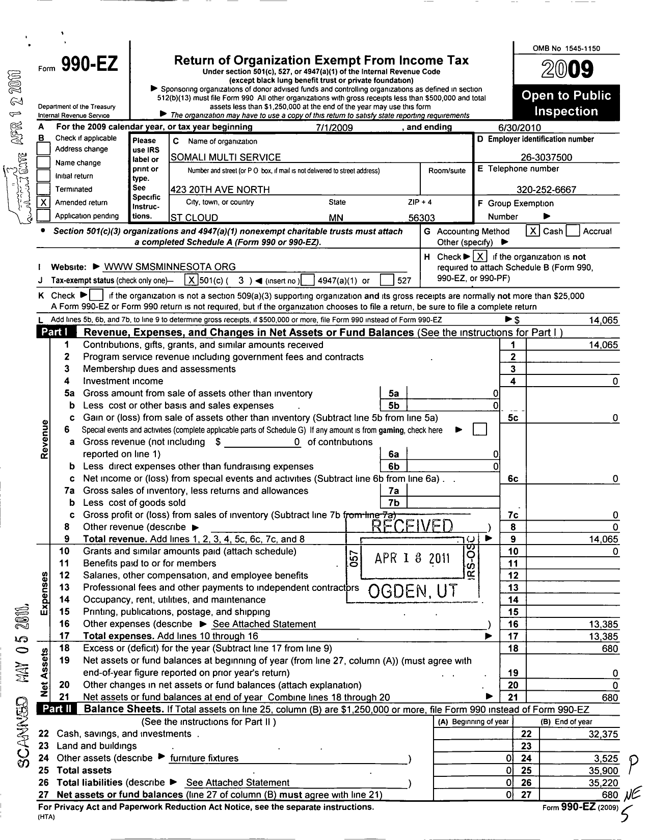 Image of first page of 2009 Form 990EZ for Somali Multi Service