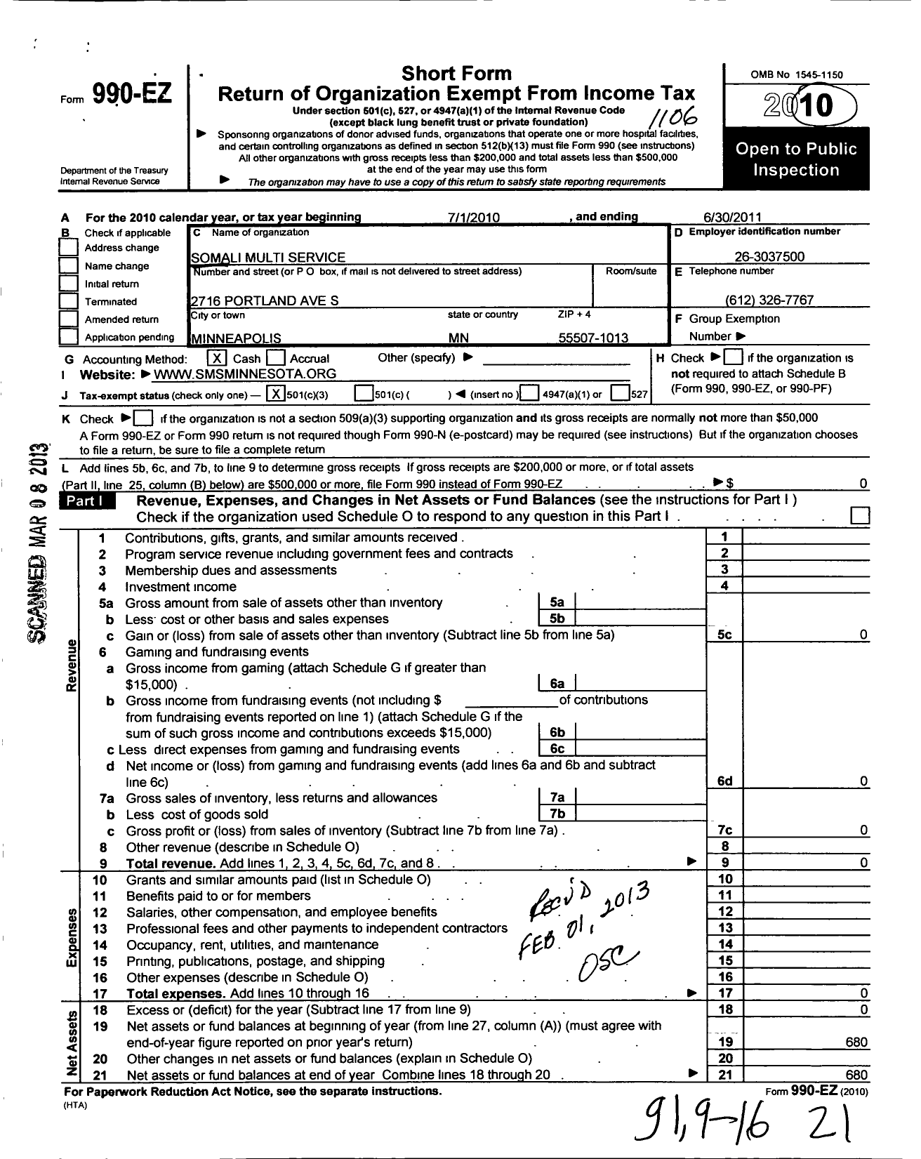 Image of first page of 2010 Form 990EZ for Somali Multi Service