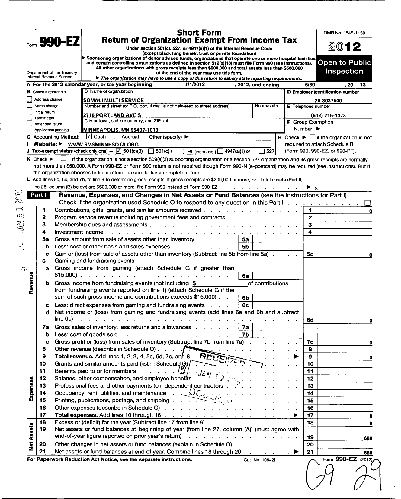 Image of first page of 2012 Form 990EZ for Somali Multi Service