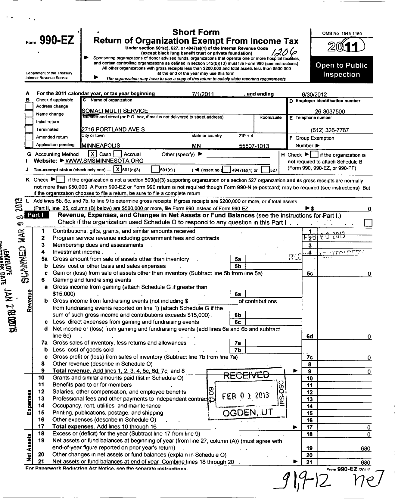 Image of first page of 2011 Form 990EZ for Somali Multi Service