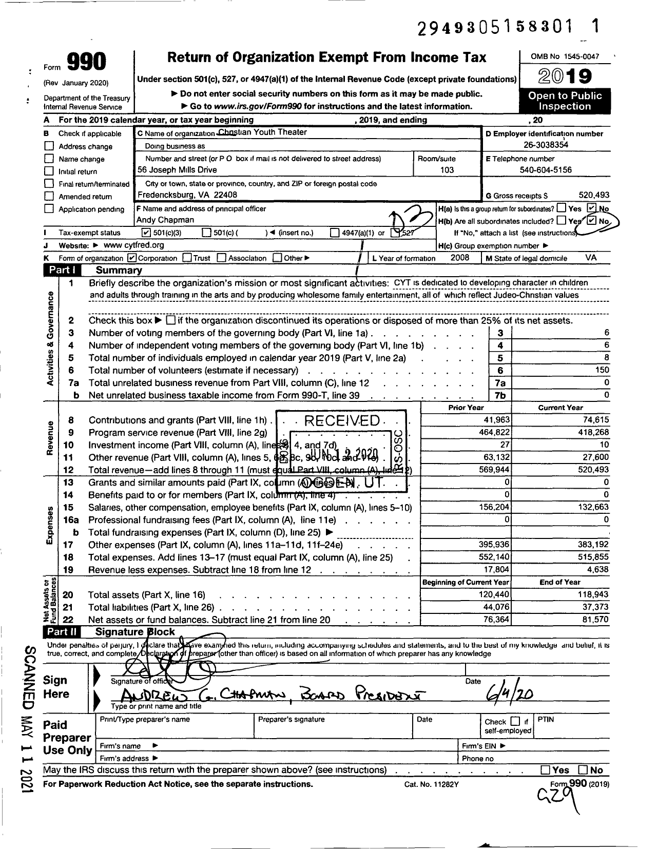 Image of first page of 2019 Form 990 for Christian Youth Theater Fredericksburg