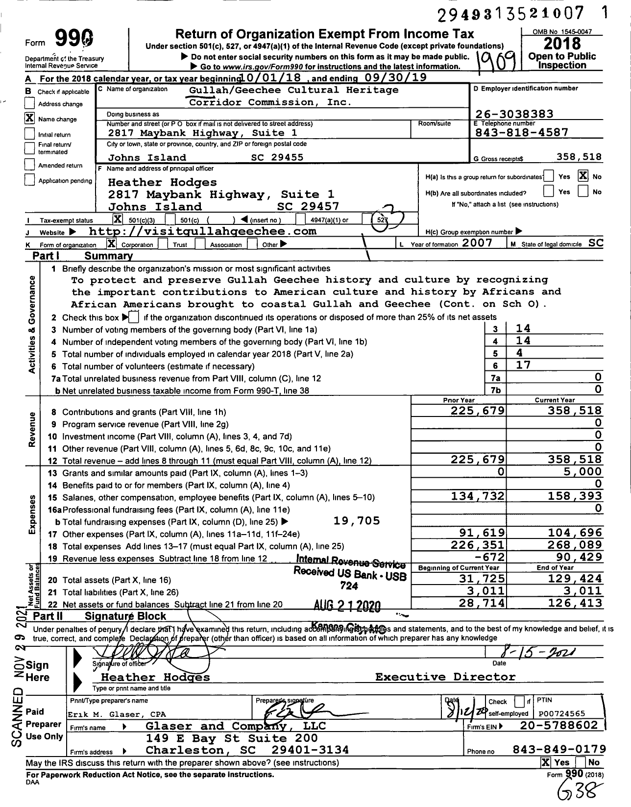 Image of first page of 2018 Form 990 for Gullahgeechee Cultural Heritage Corridor Commission