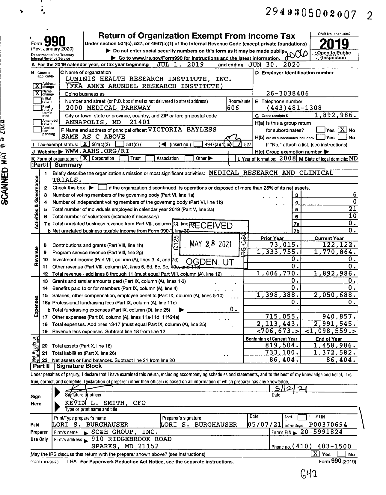 Image of first page of 2019 Form 990 for Luminis Health Research Institute