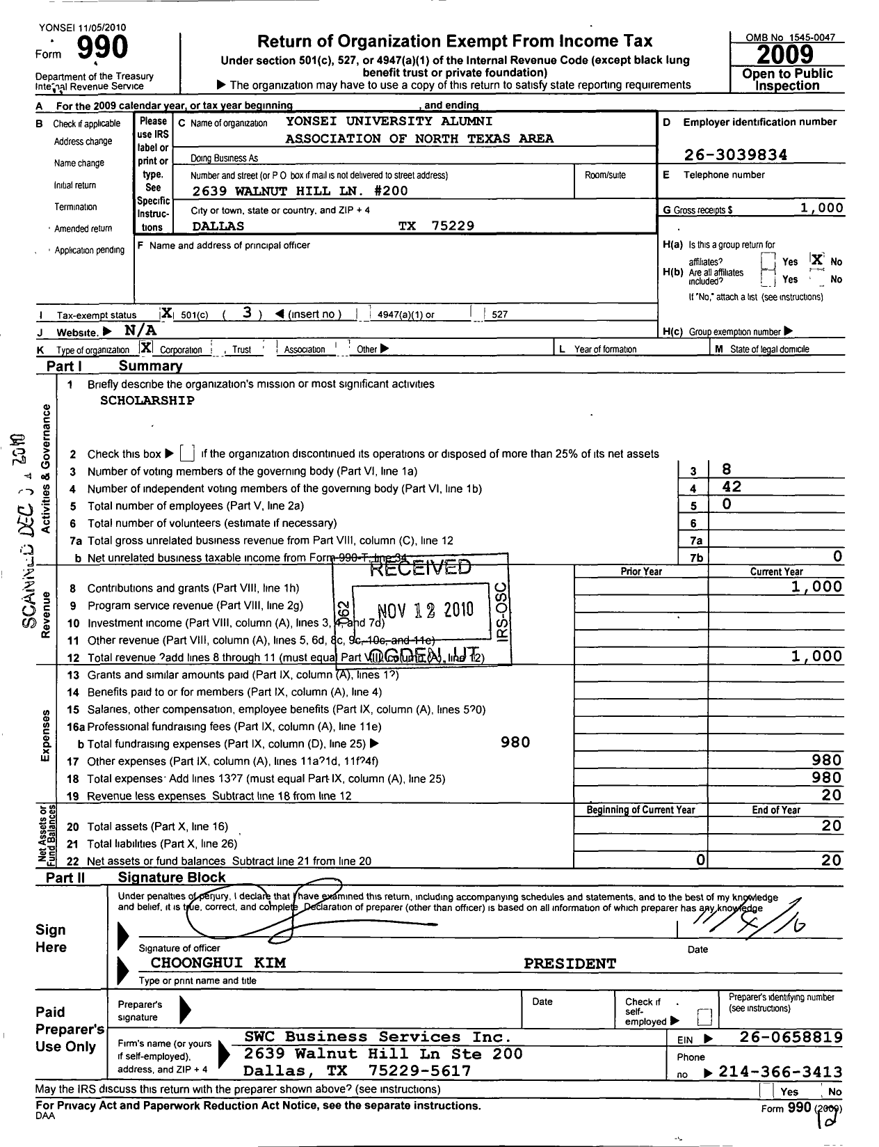 Image of first page of 2009 Form 990 for Yonsei University Alumni Association of North Texas Area