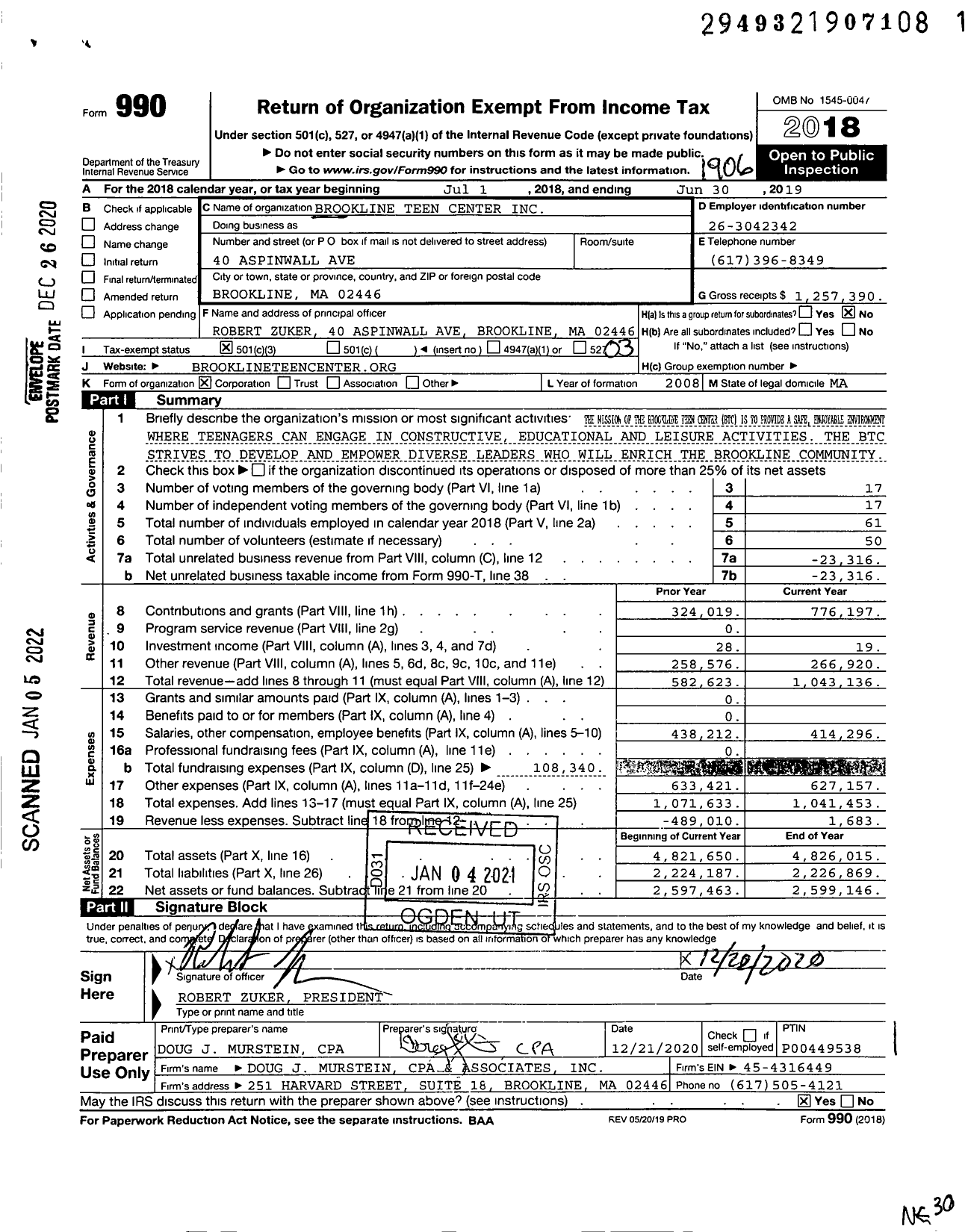 Image of first page of 2018 Form 990 for Brookline Teen Center (BTC)