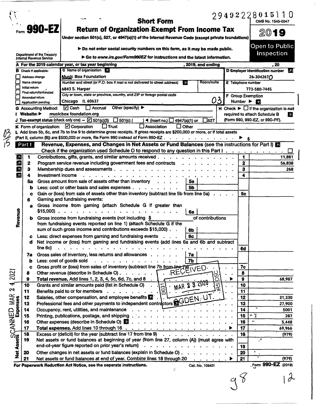 Image of first page of 2019 Form 990EZ for Music Box Foundation