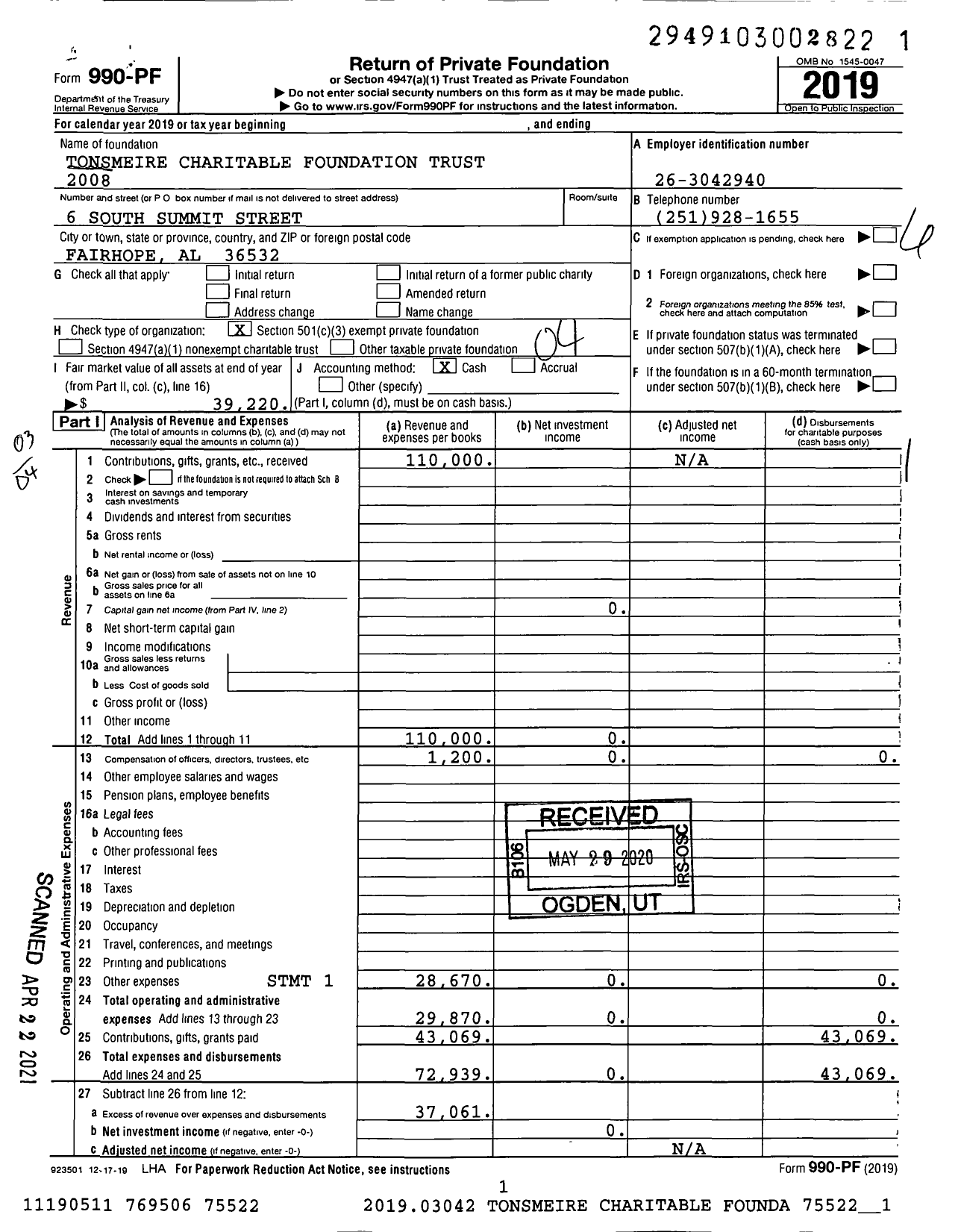 Image of first page of 2019 Form 990PF for Tonsmeire Charitable Foundation Trust 2008