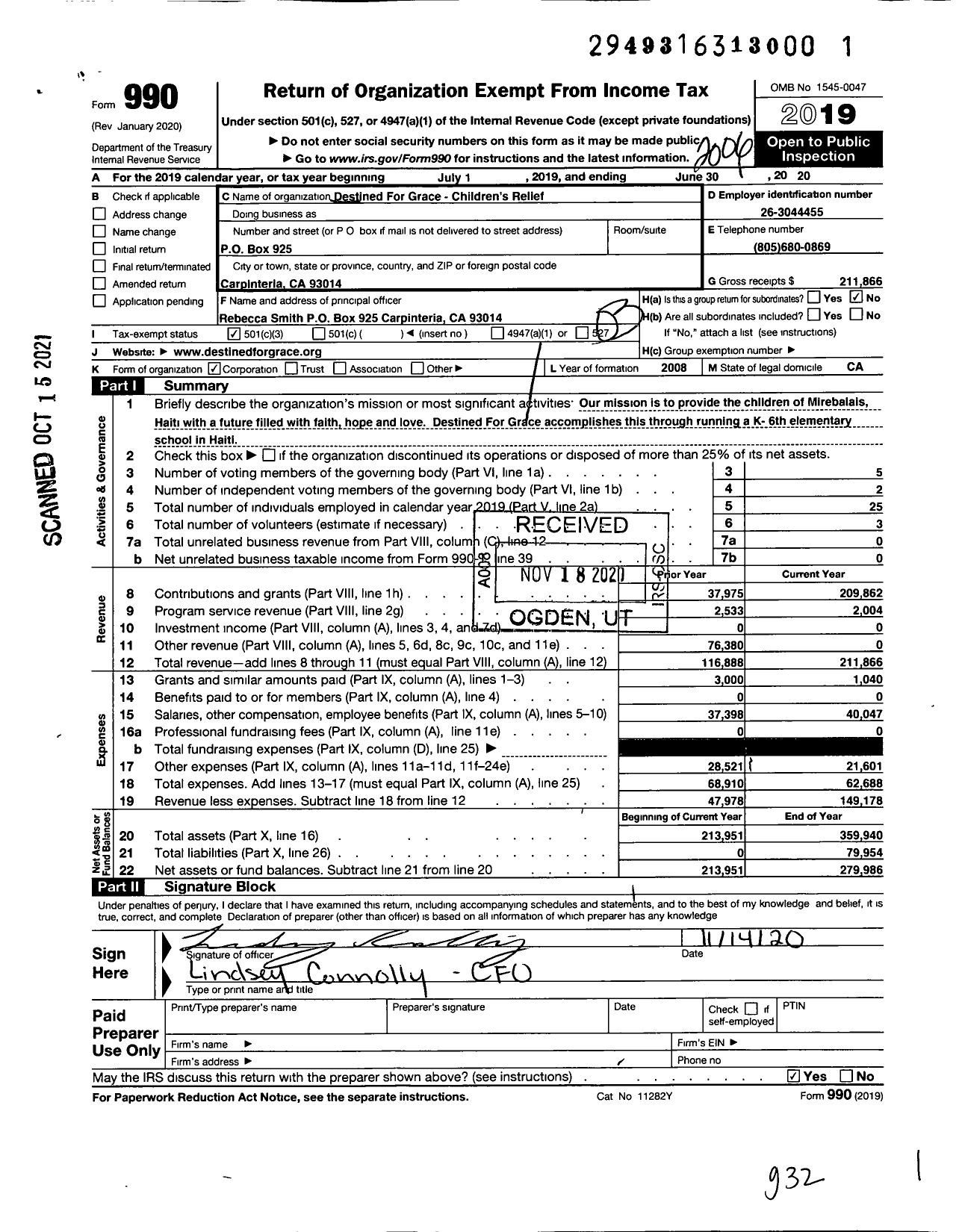 Image of first page of 2019 Form 990 for Destined for Grace