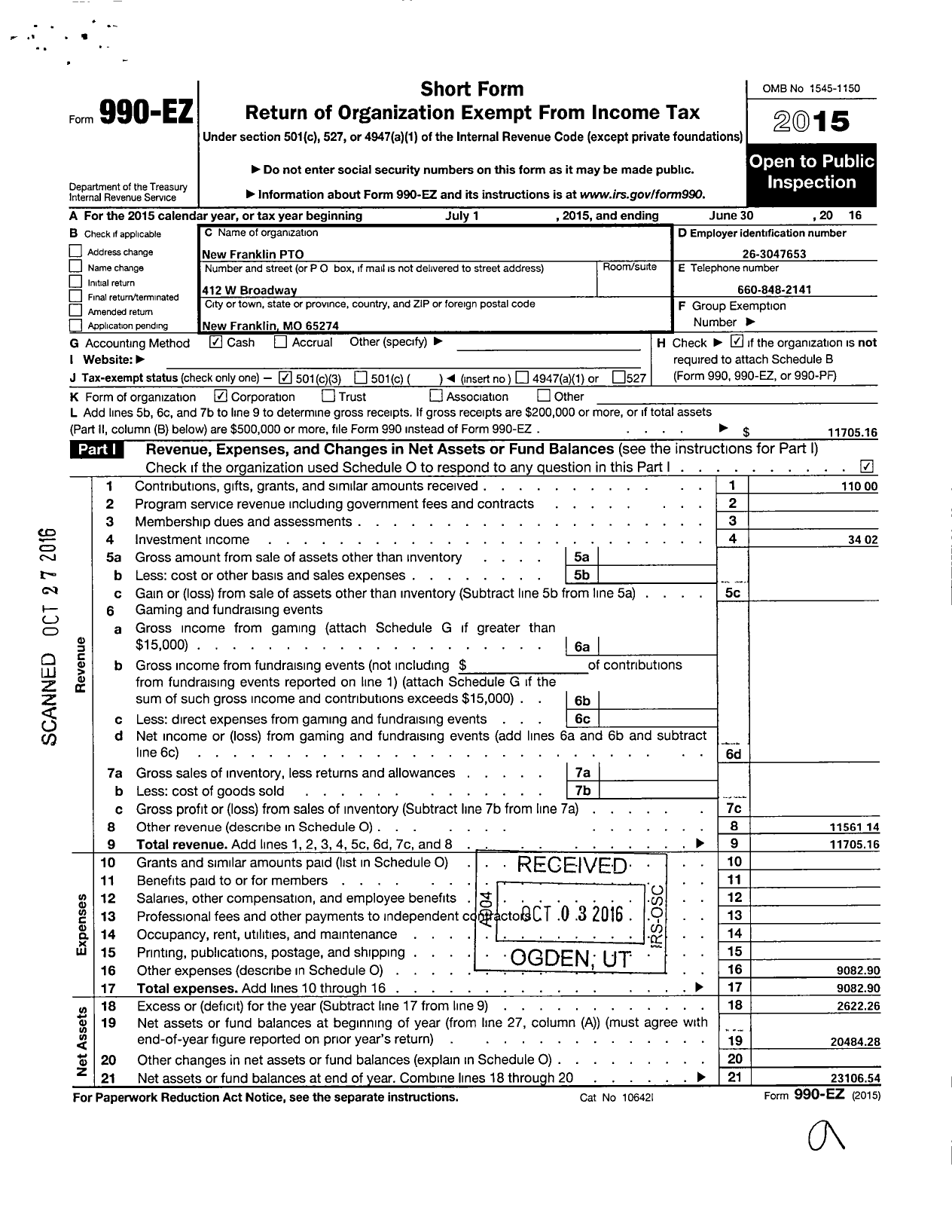 Image of first page of 2015 Form 990EZ for New Franklin Pto