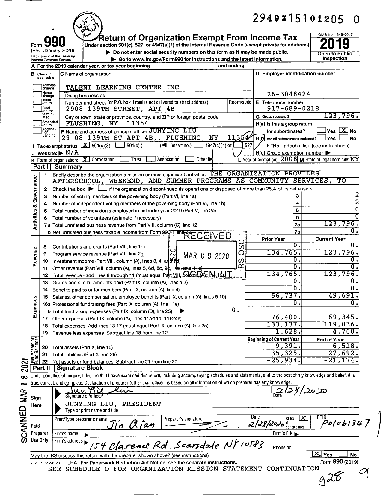 Image of first page of 2019 Form 990 for Talent Learning Center