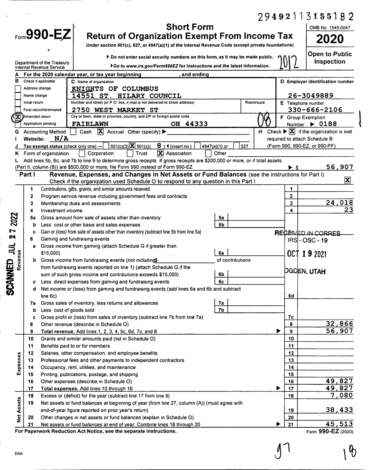 Image of first page of 2020 Form 990EO for Knights of Columbus - 14551 St Hilary Council