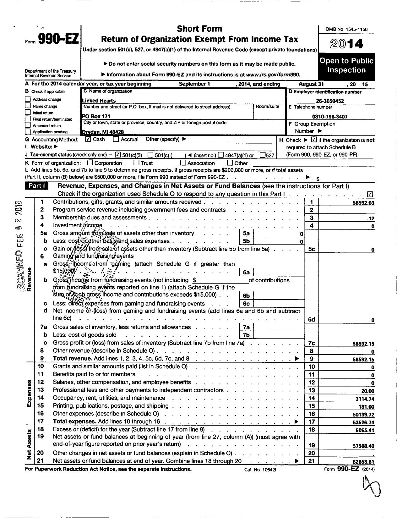 Image of first page of 2014 Form 990EZ for Linked Hearts