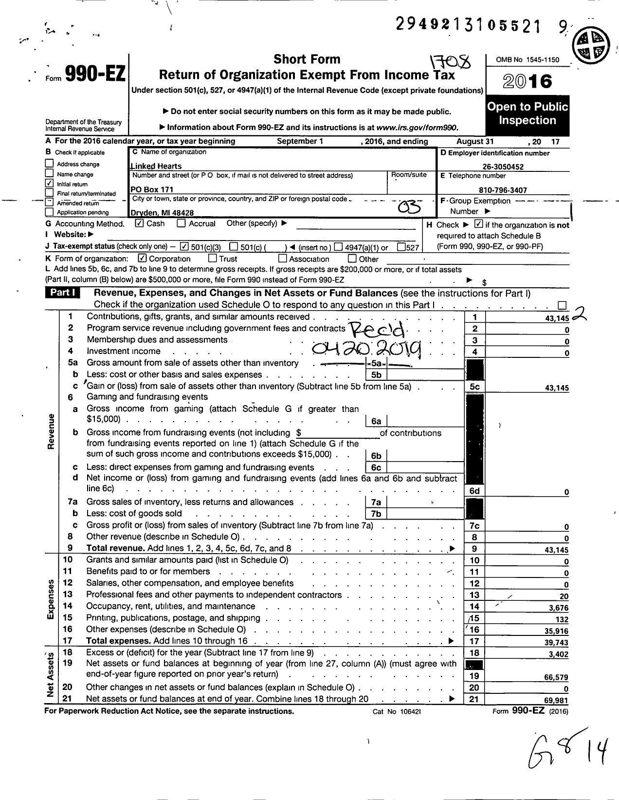 Image of first page of 2016 Form 990EZ for Linked Hearts