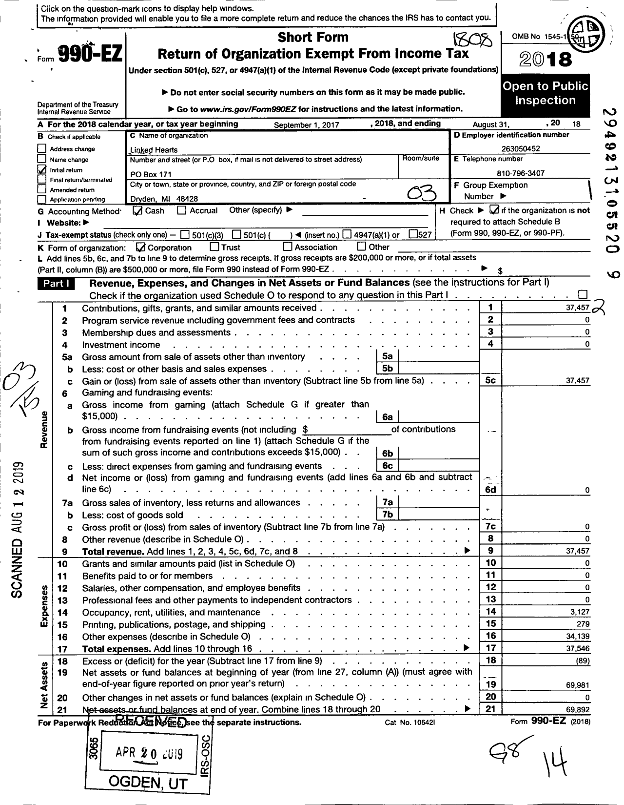 Image of first page of 2017 Form 990EZ for Linked Hearts