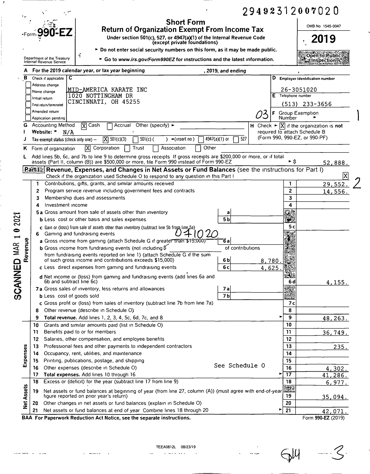 Image of first page of 2019 Form 990EZ for Mid-America Karate