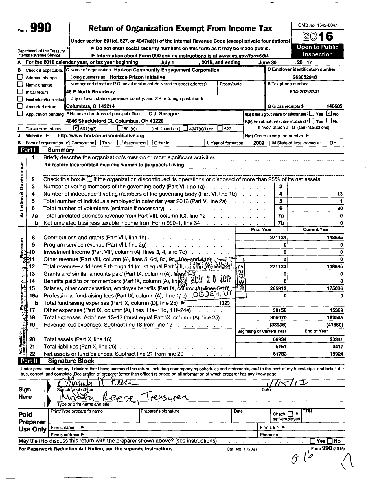 Image of first page of 2016 Form 990 for Horizon Prison Initiative