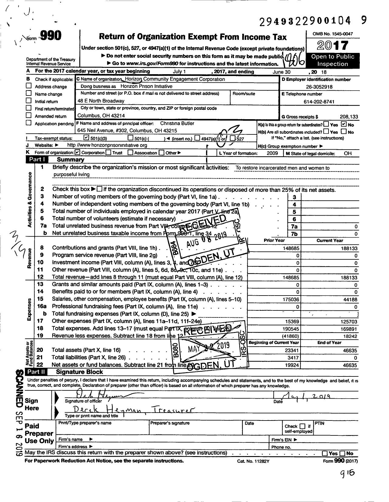 Image of first page of 2017 Form 990 for Horizon Prison Initiative