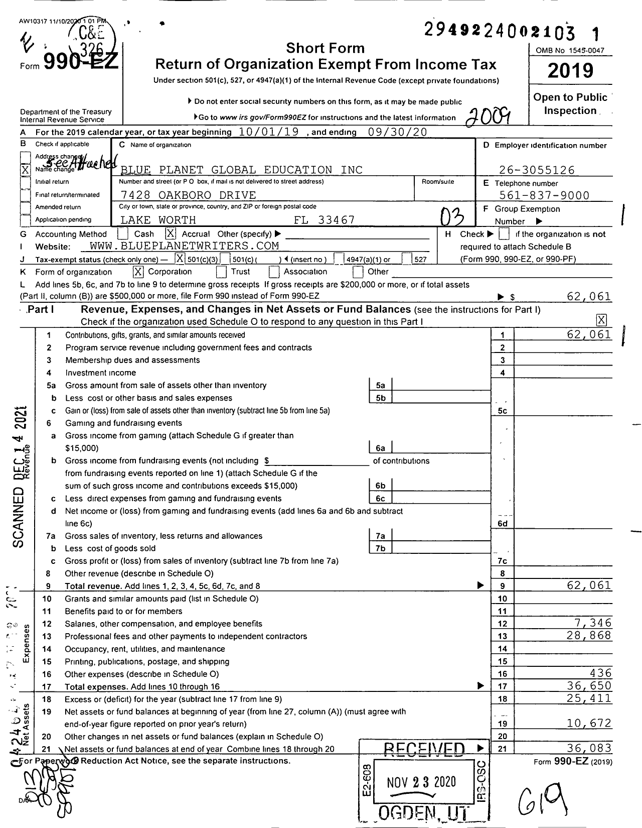 Image of first page of 2019 Form 990EZ for Blue Planet Global Education