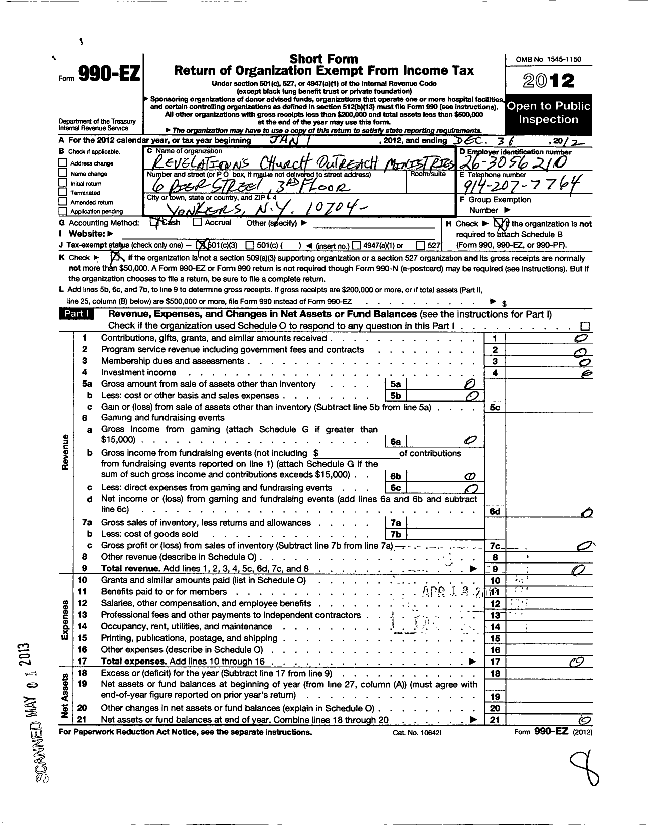 Image of first page of 2012 Form 990EZ for Revelations Church