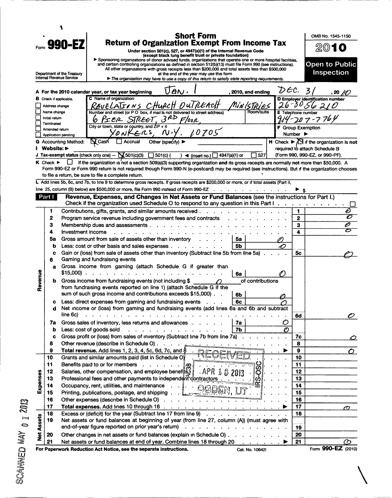 Image of first page of 2010 Form 990EZ for Revelations Church