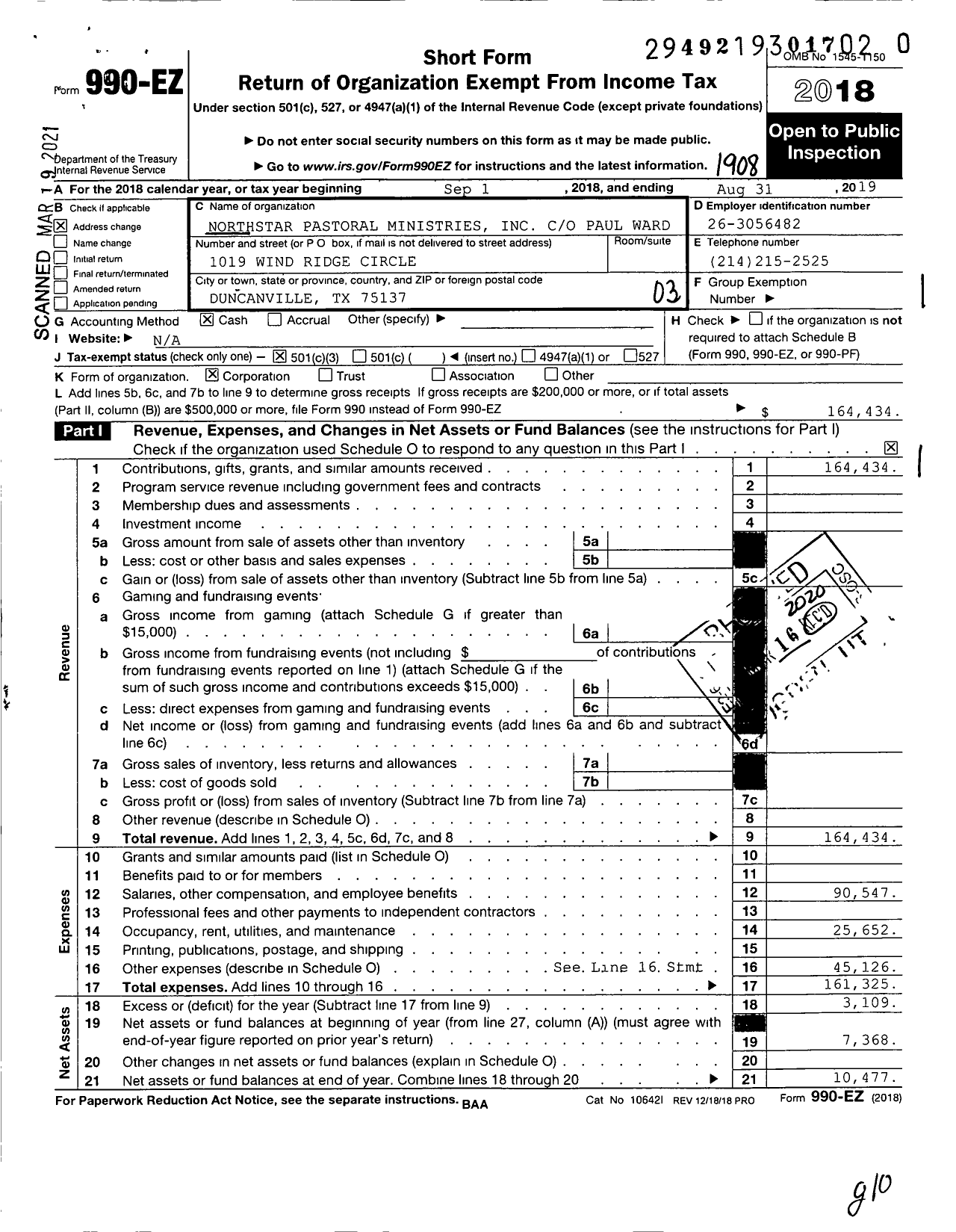 Image of first page of 2018 Form 990EZ for Northstar Pastoral Ministries