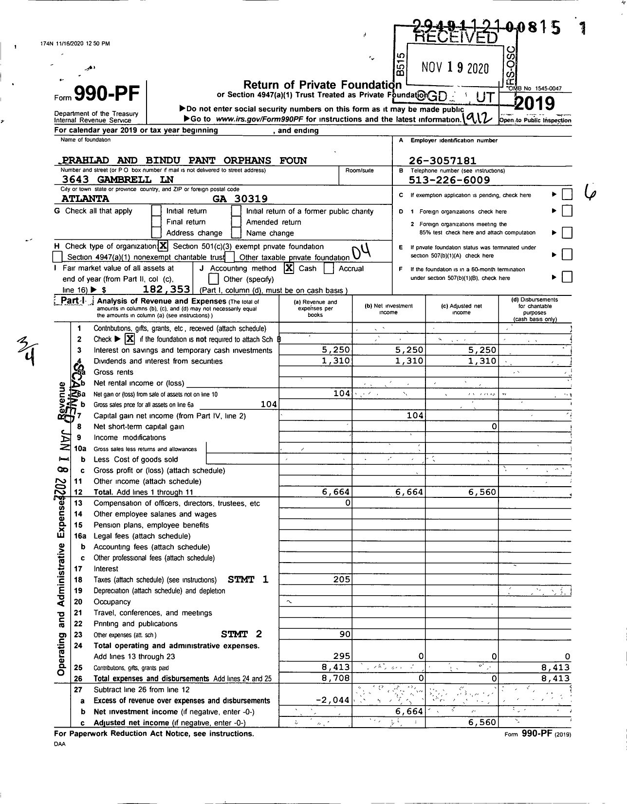 Image of first page of 2019 Form 990PF for Prahlad and Bindu Pant Orphans Foundation