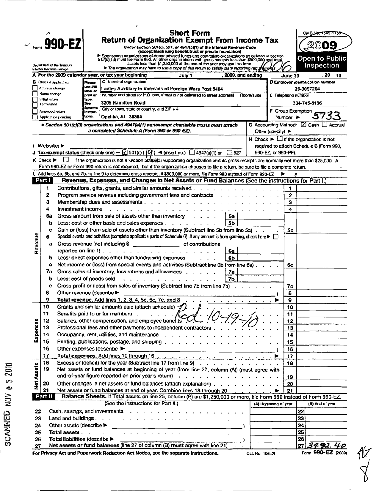 Image of first page of 2009 Form 990EO for Department of Alabama Auxiliary To the VFW of the U S - 5404 E W Allgood Auburn Auxiliary