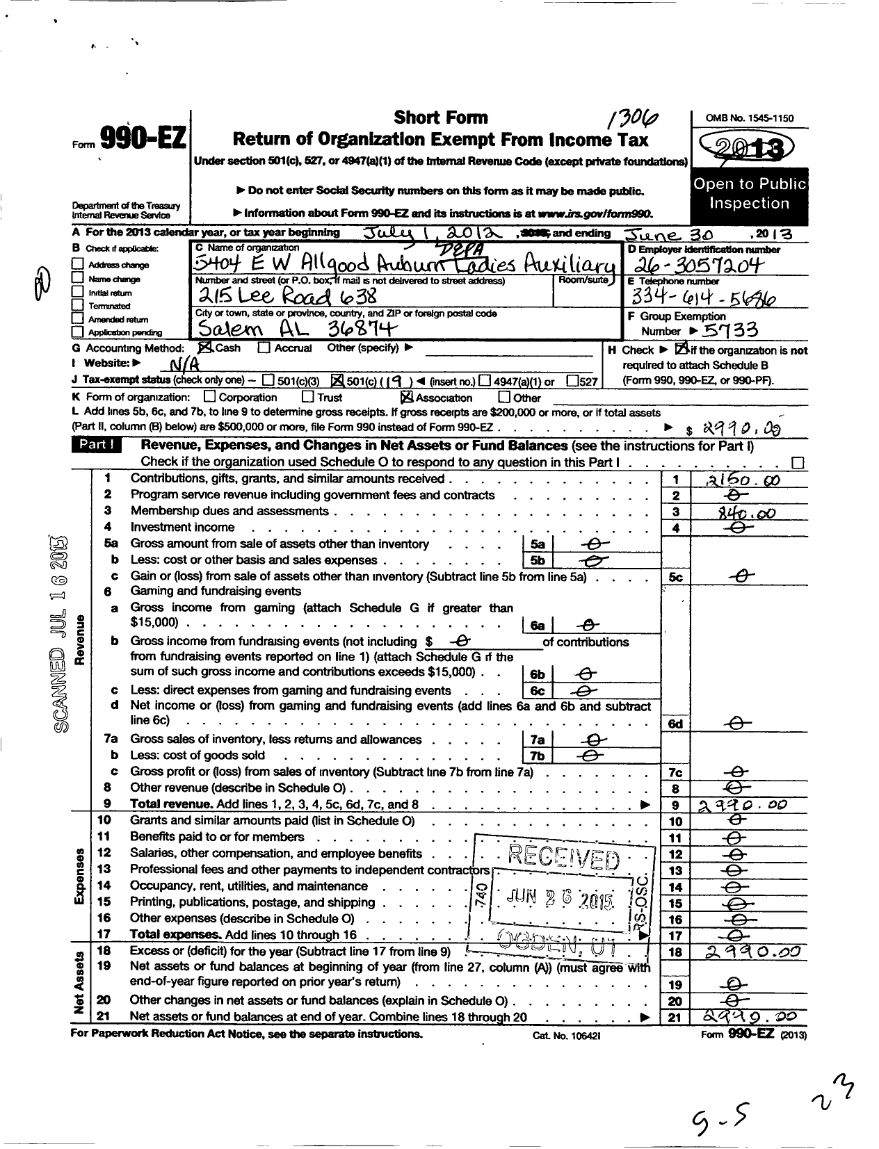 Image of first page of 2012 Form 990EO for Department of Alabama Auxiliary To the VFW of the U S - 5404 E W Allgood Auburn Auxiliary