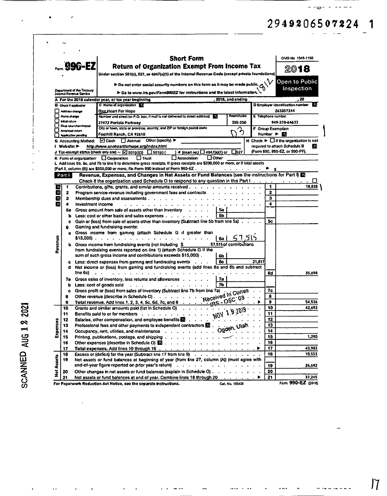 Image of first page of 2018 Form 990EZ for One Heart for Hope