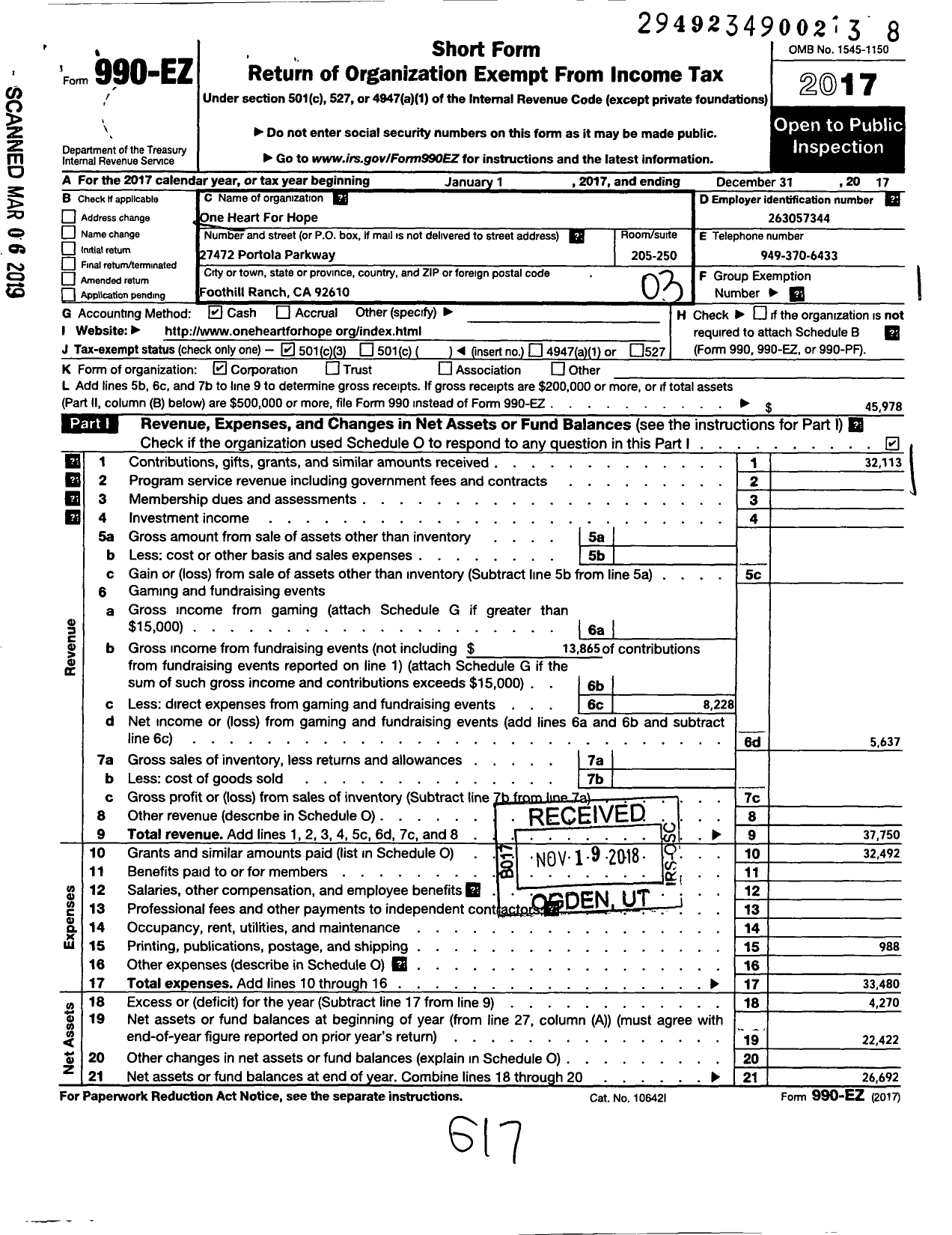 Image of first page of 2017 Form 990EZ for One Heart for Hope