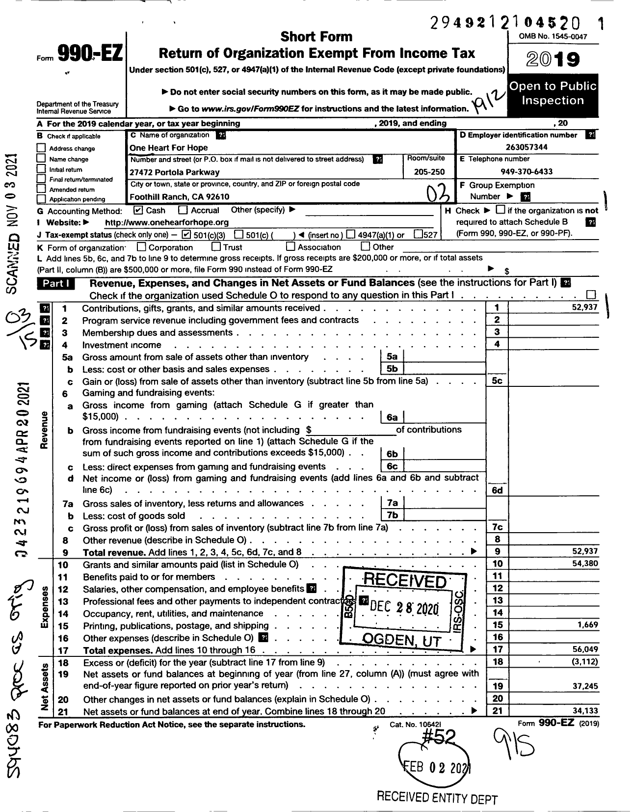 Image of first page of 2019 Form 990EZ for One Heart for Hope