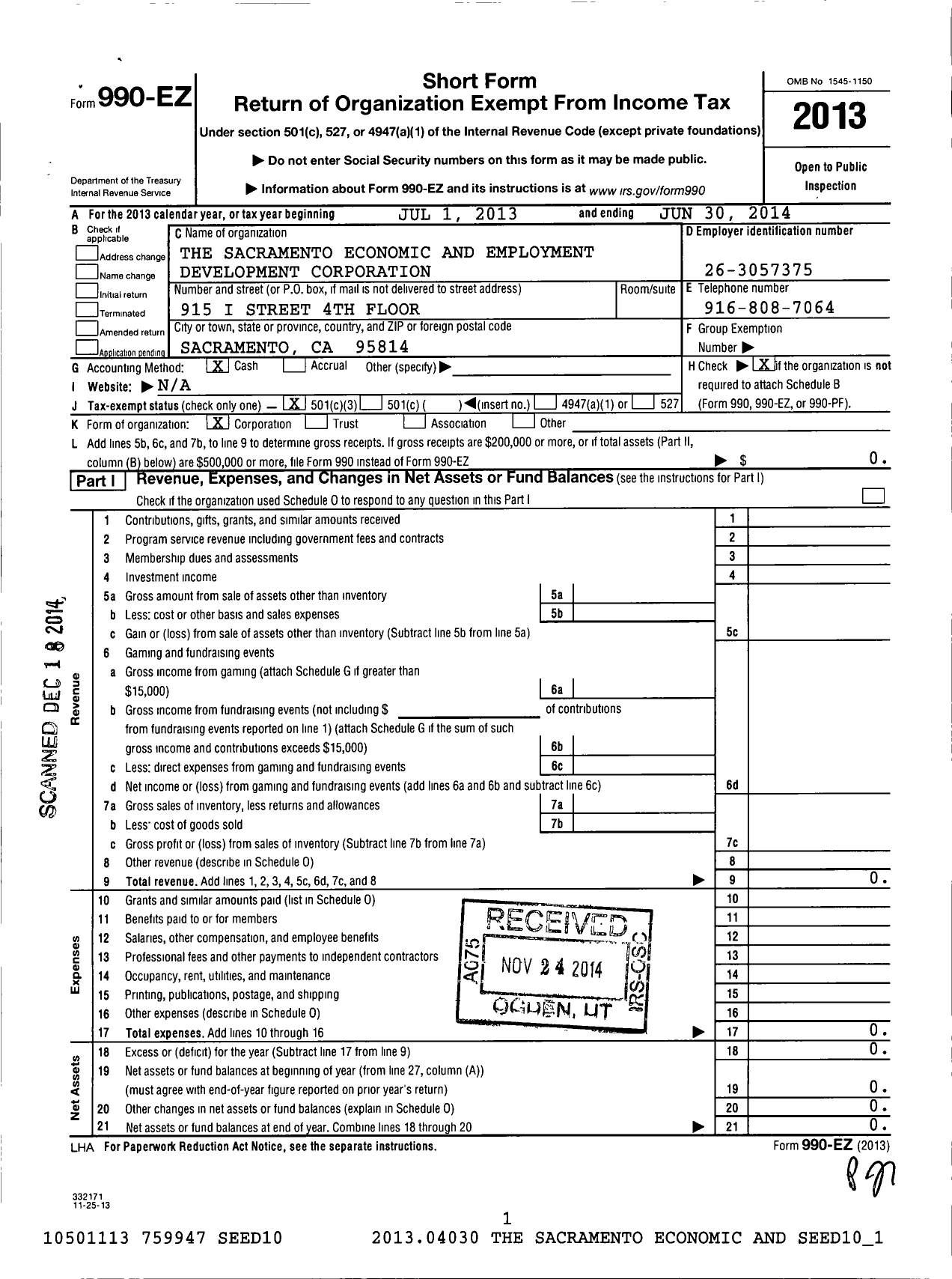 Image of first page of 2013 Form 990EZ for The Sacramento Economic and Employment Development Corporation