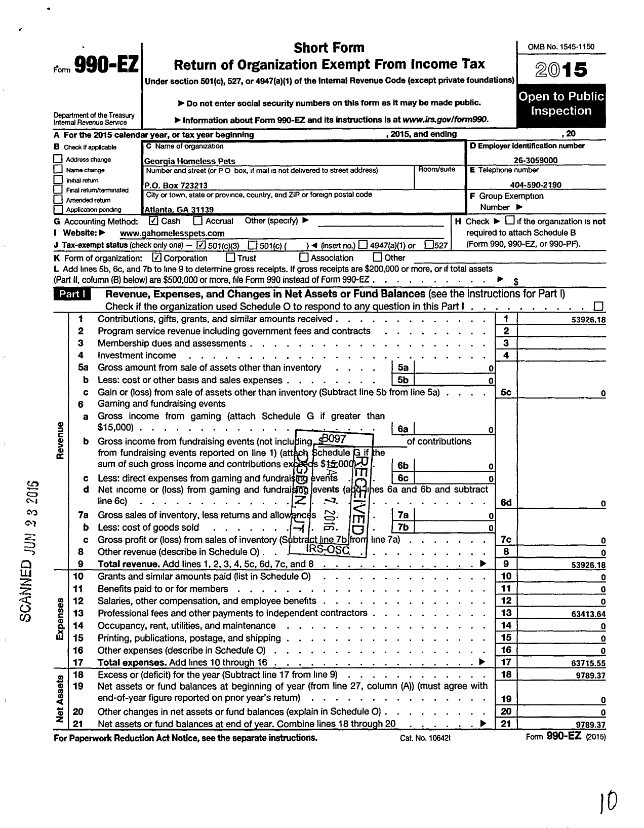 Image of first page of 2015 Form 990EZ for Georgia Homeless Pets