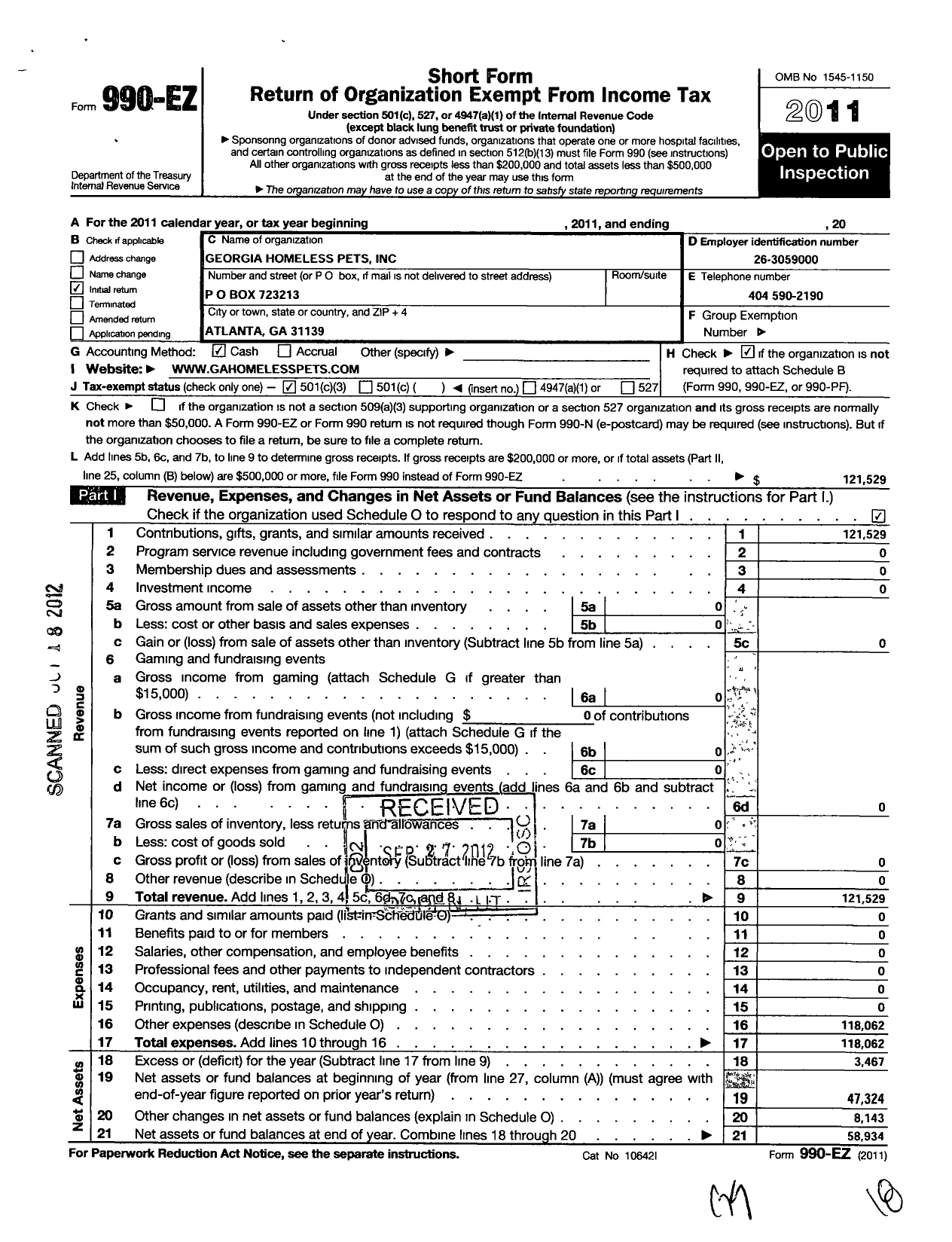 Image of first page of 2011 Form 990EZ for Georgia Homeless Pets