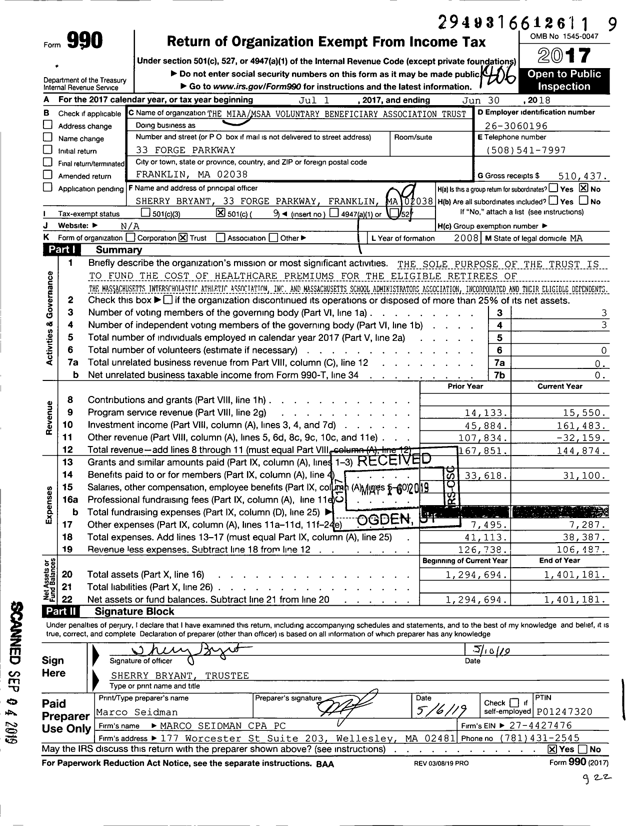 Image of first page of 2017 Form 990O for The Miaamsaa Voluntary Beneficiary Association Trust