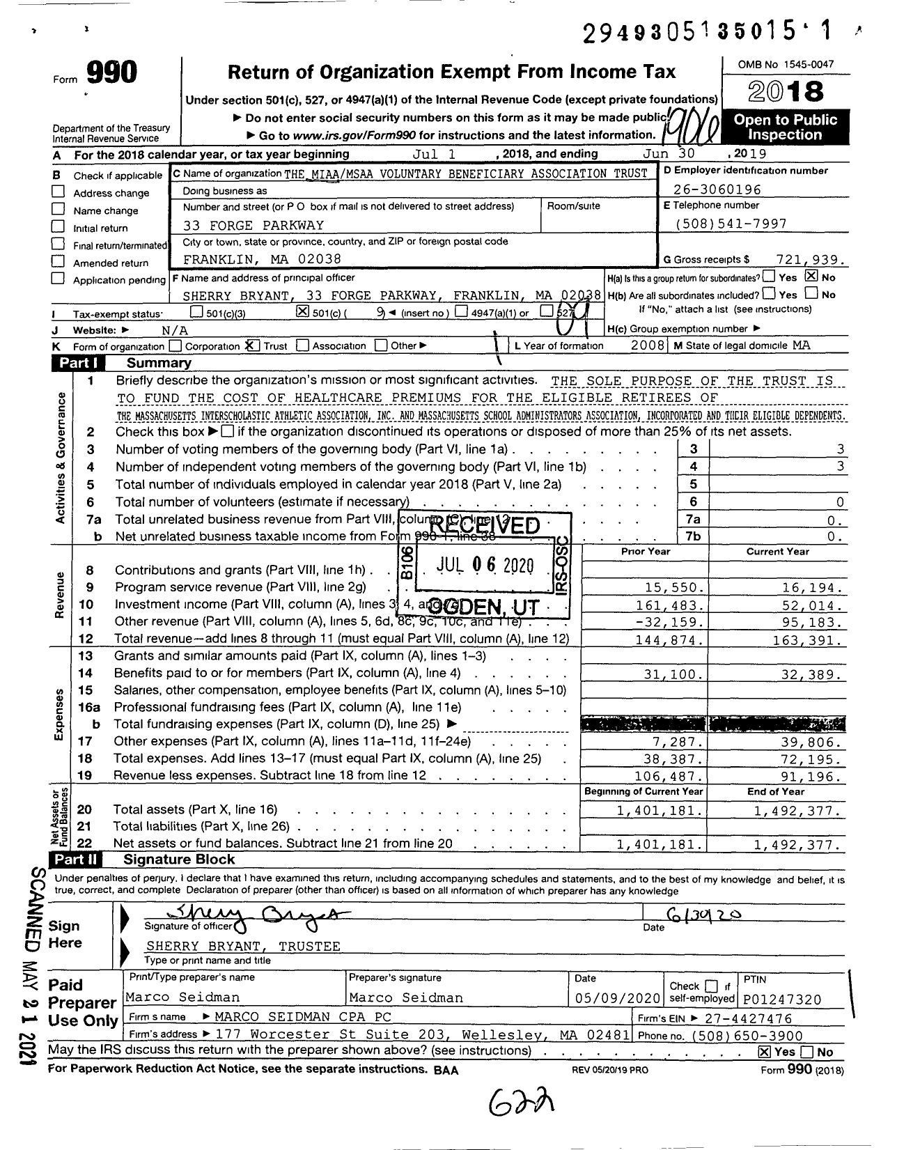 Image of first page of 2018 Form 990O for The Miaamsaa Voluntary Beneficiary Association Trust