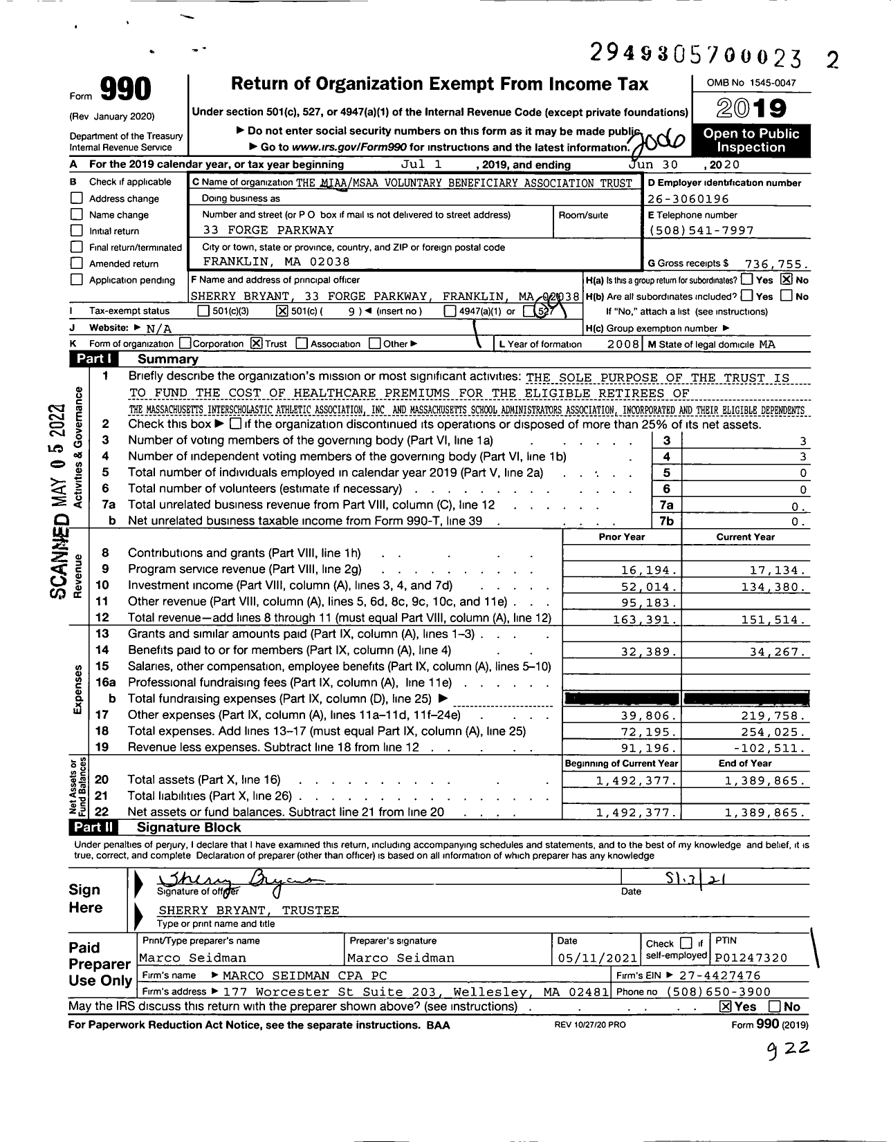 Image of first page of 2019 Form 990O for The Miaamsaa Voluntary Beneficiary Association Trust