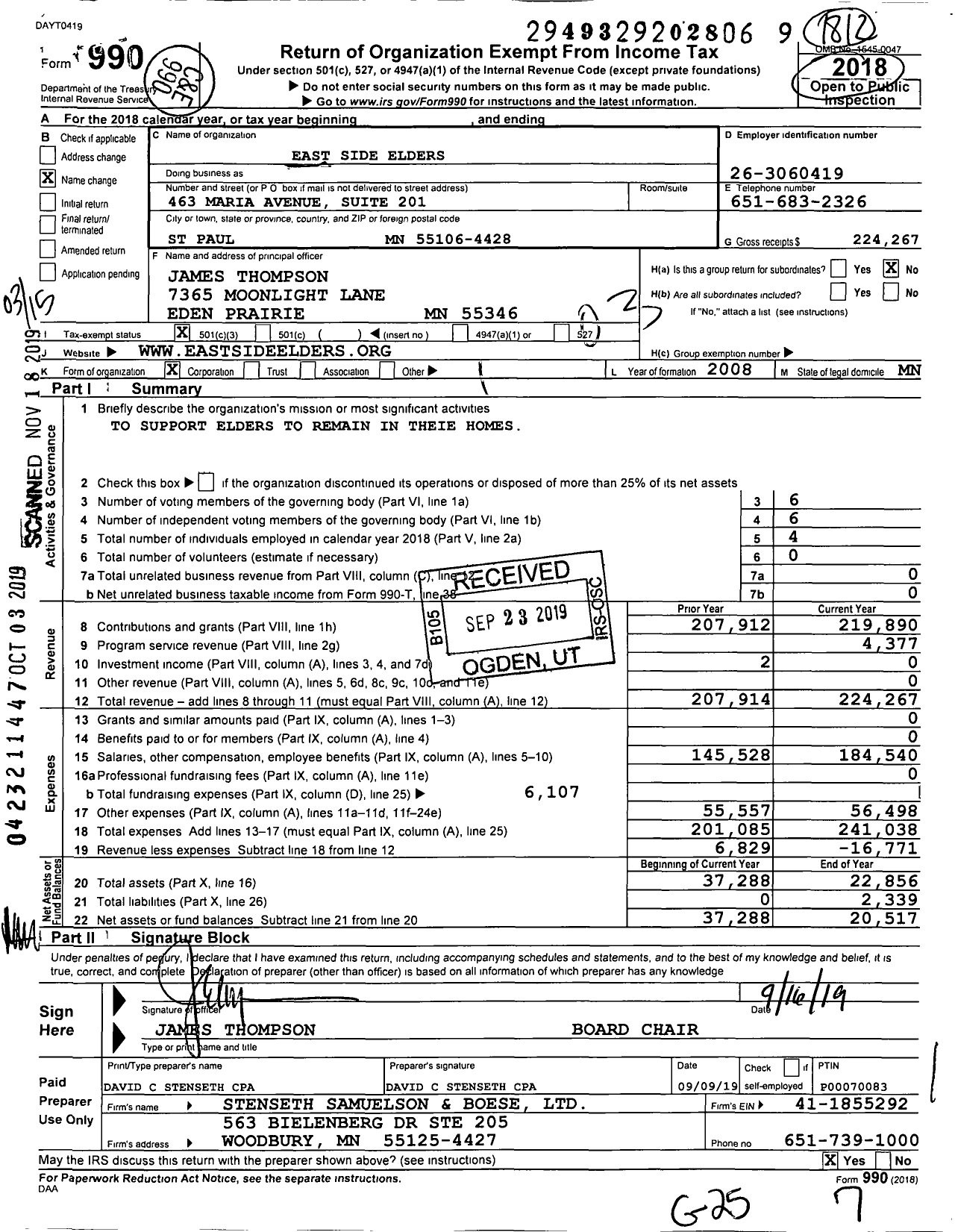 Image of first page of 2018 Form 990 for East Side Elders