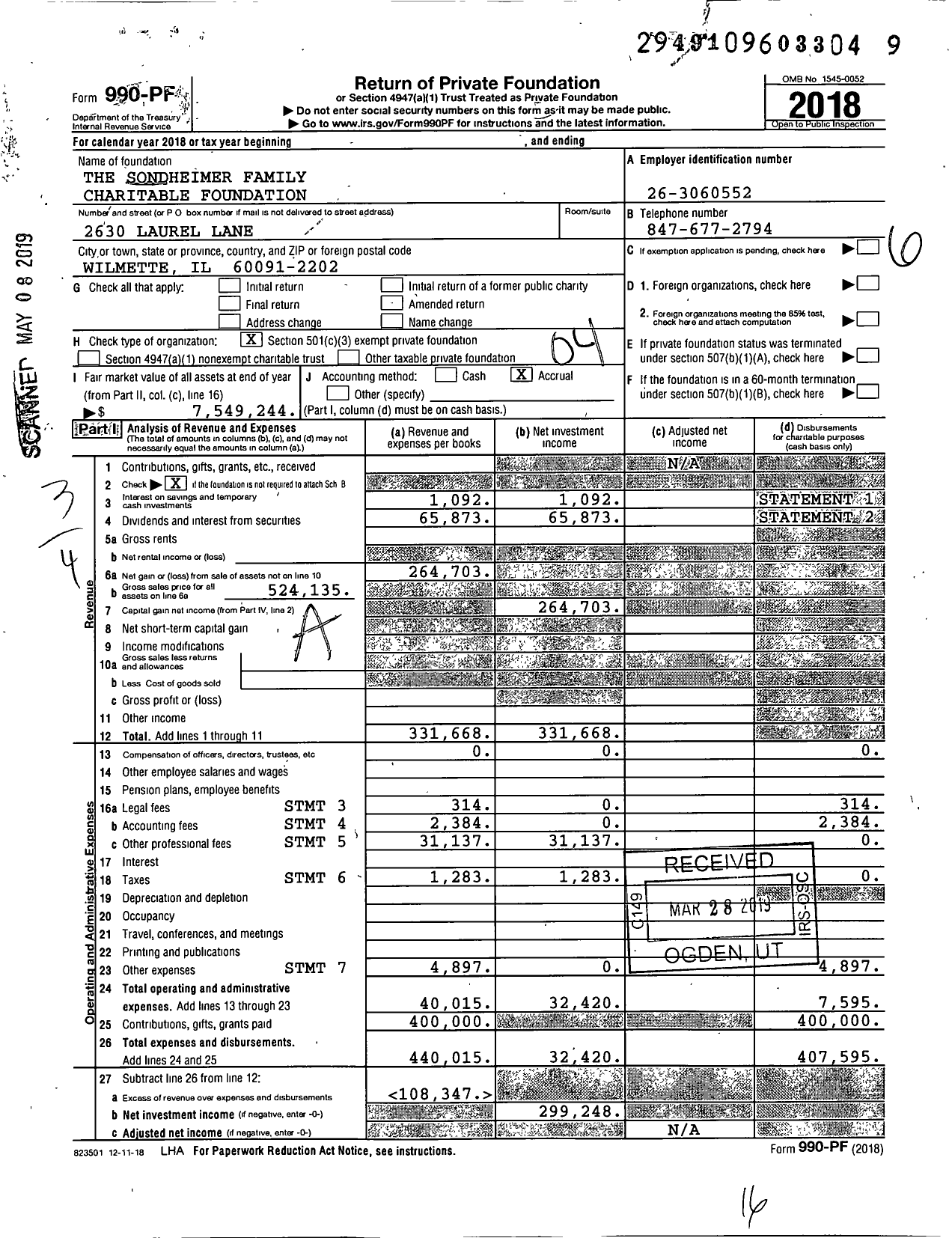 Image of first page of 2018 Form 990PF for The Sondheimer Family Charitable Foundation
