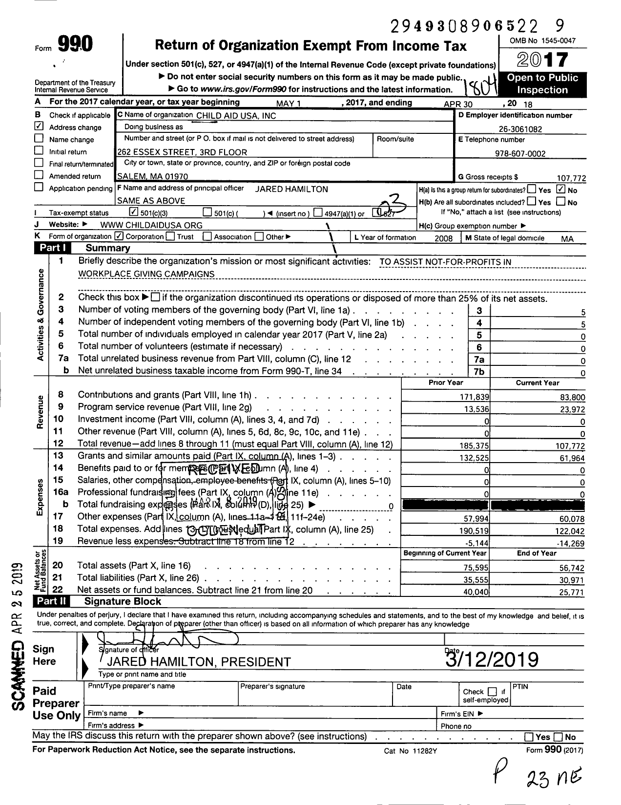 Image of first page of 2017 Form 990 for Child Aid USA