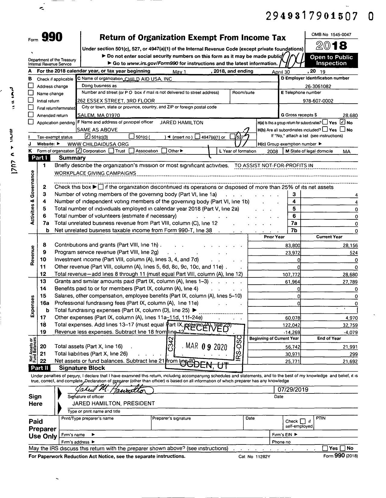 Image of first page of 2018 Form 990 for Child Aid USA