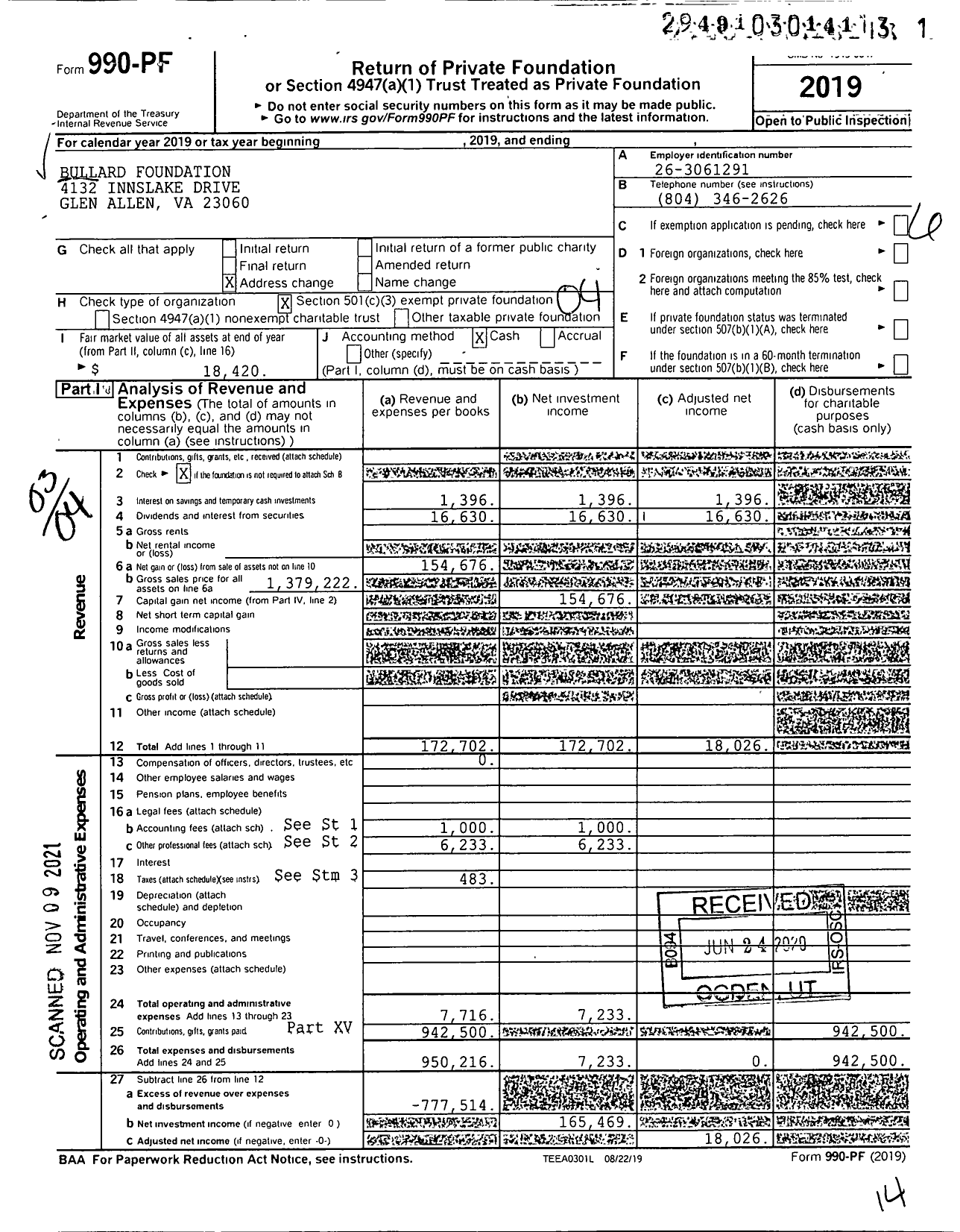 Image of first page of 2019 Form 990PF for Bullard Foundation