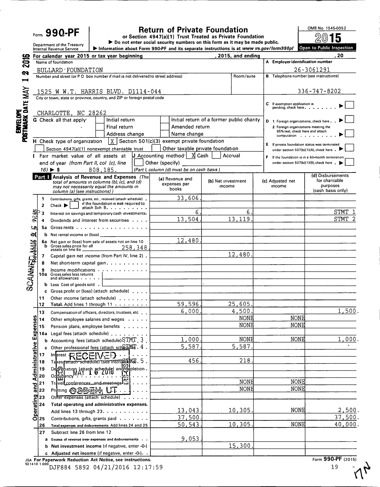 Image of first page of 2015 Form 990PF for Bullard Foundation