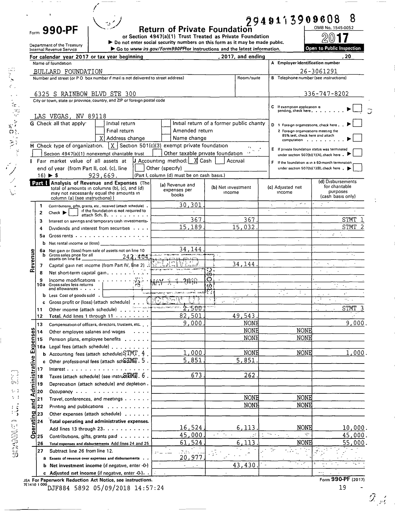 Image of first page of 2017 Form 990PF for Bullard Foundation