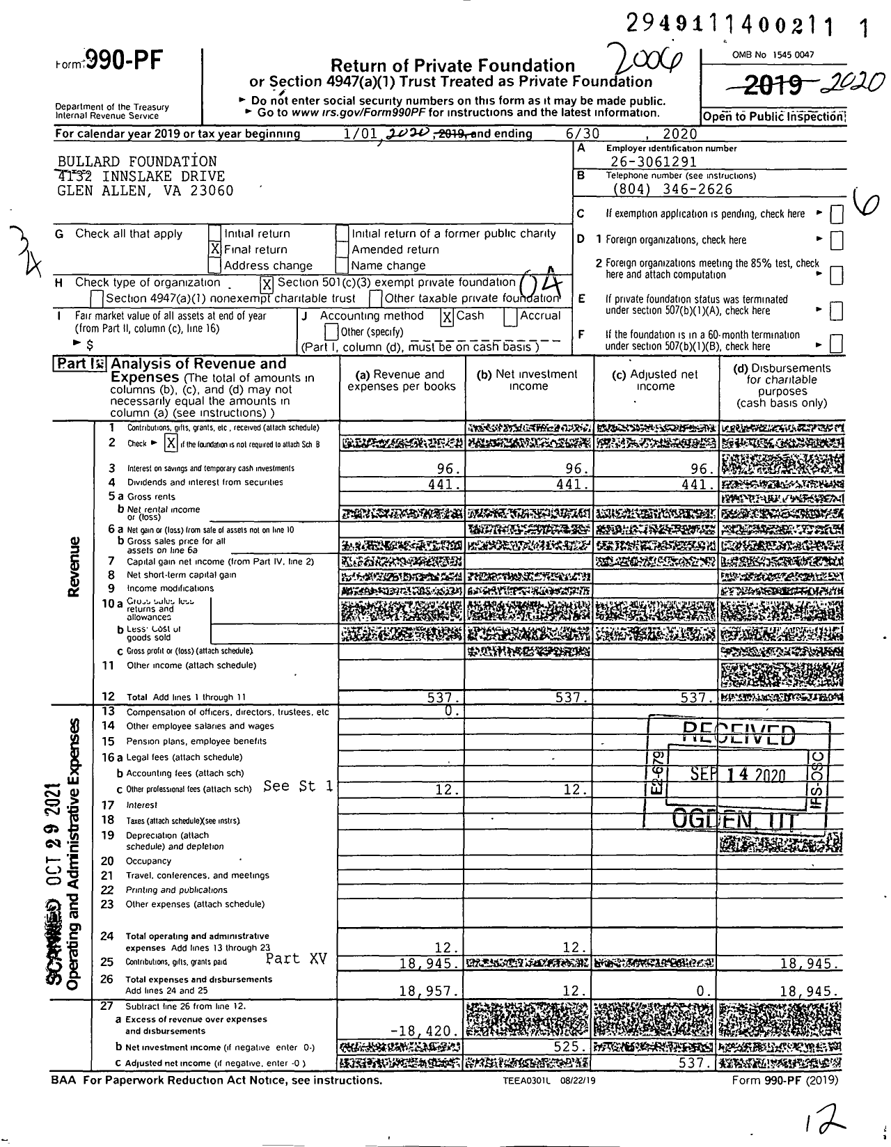 Image of first page of 2019 Form 990PF for Bullard Foundation