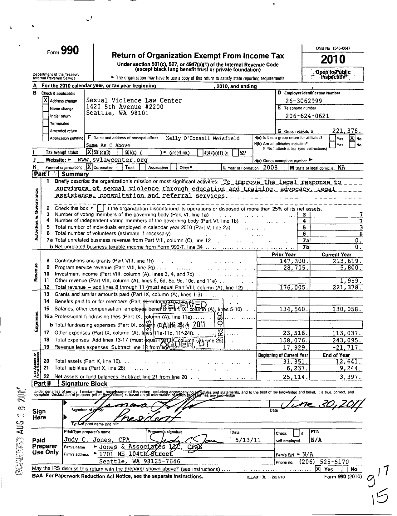 Image of first page of 2010 Form 990 for Sexual Violence Law Center
